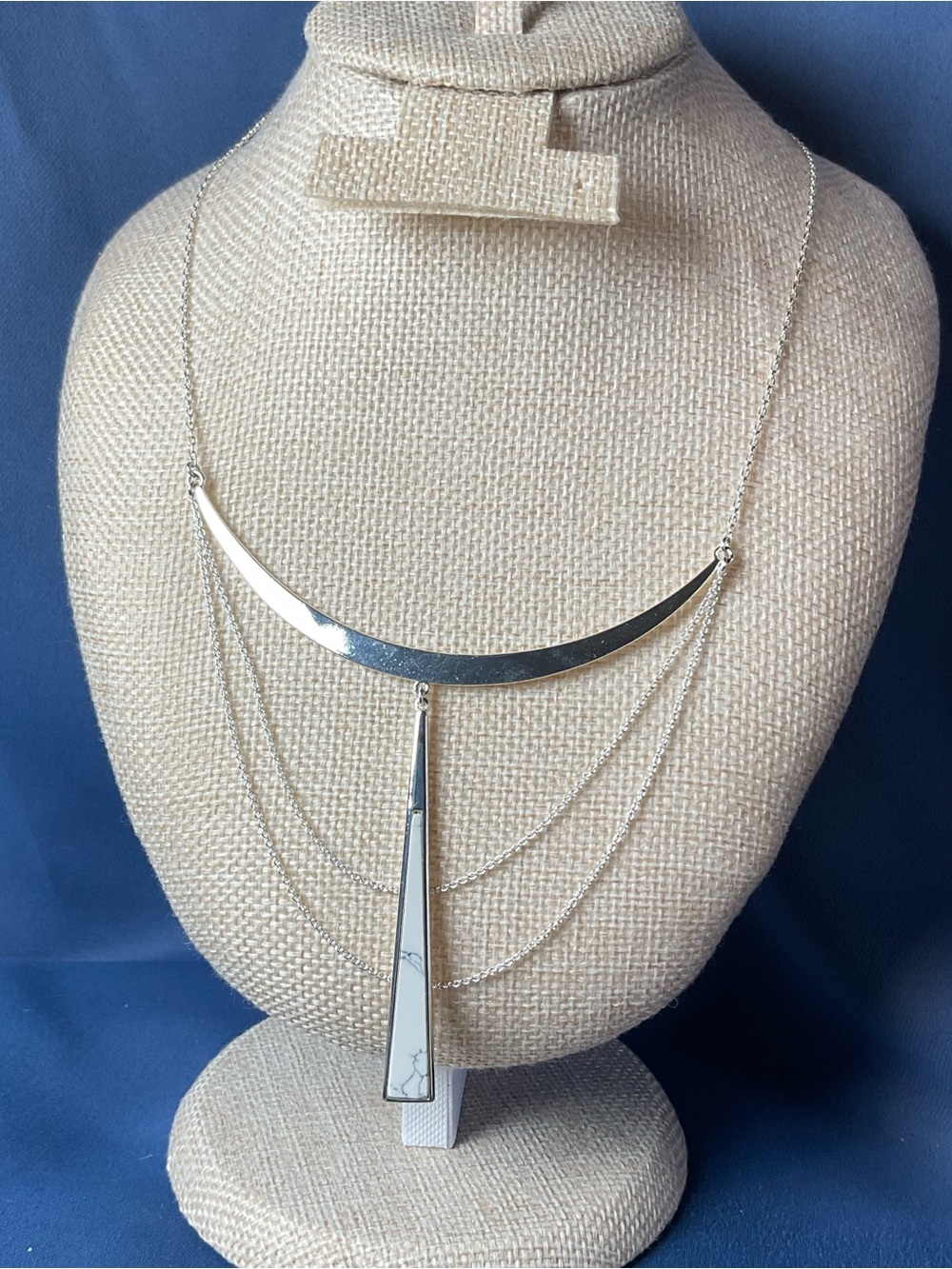 Silver Tone Layered Necklace Modern Geometric Crescent White Stone Stella & Dot